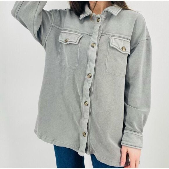AERIE Oversized Long Flannel Trucker Shacket Gray Women’s Size Small Outdoor Top - Picture 1 of 8
